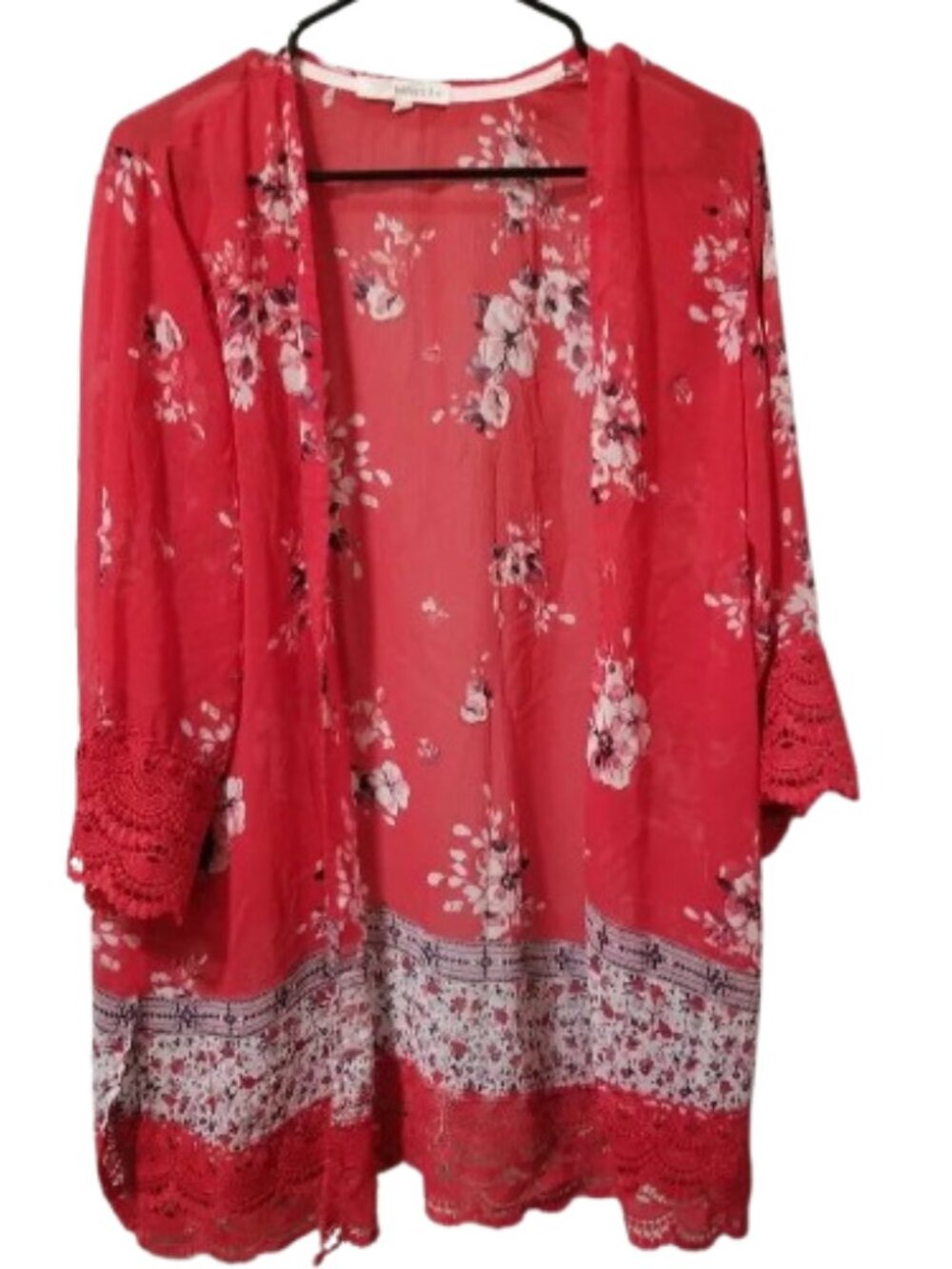 Rewind Kimono Top Open Front Semi-sheer Red Floral Women's M